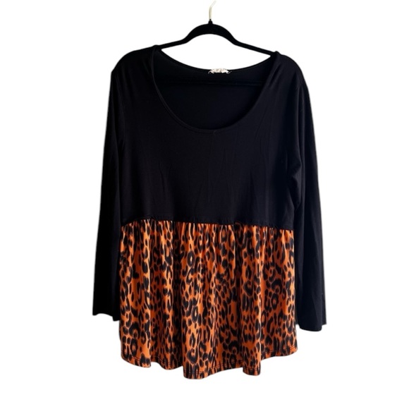 Be Stage Black Babydoll Blouse Tunic Top Animal Print Stretch Modest - XL - Picture 1 of 6